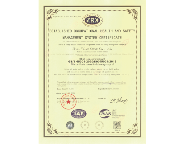 ISO45001职业健康安全管理体系认证证书