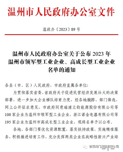 喜报：吉泰阀门集团荣获23年温州市高成长型工业企业